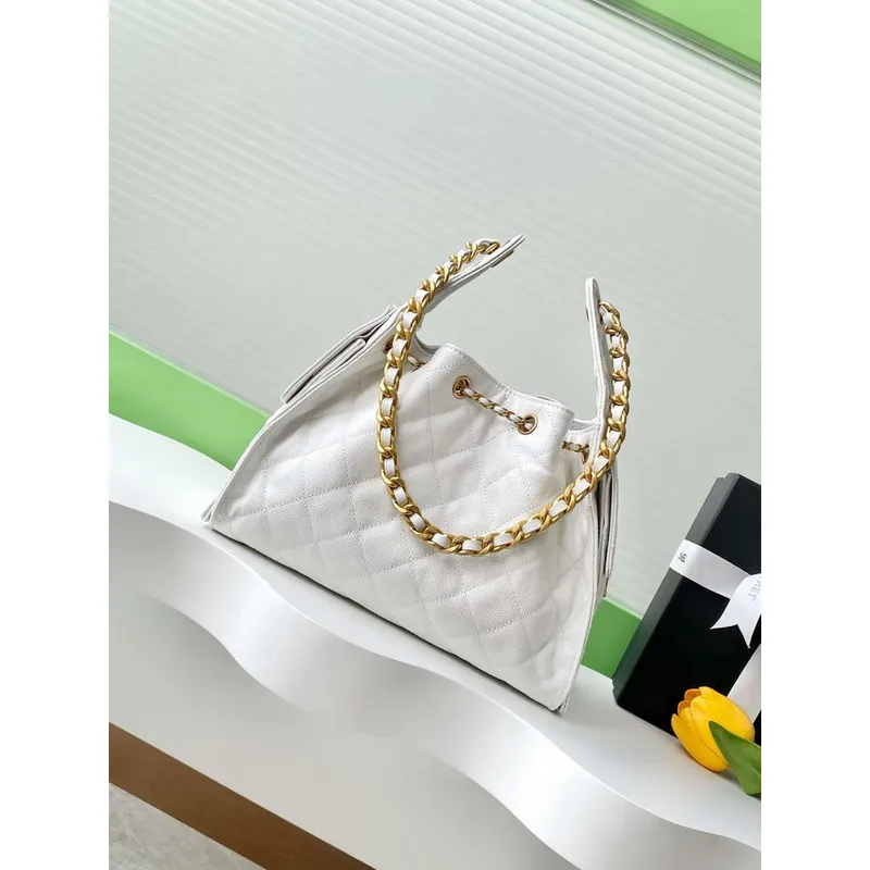 Chanel AS5293 Small Hobo Calfskin & Gold Tone Metal White