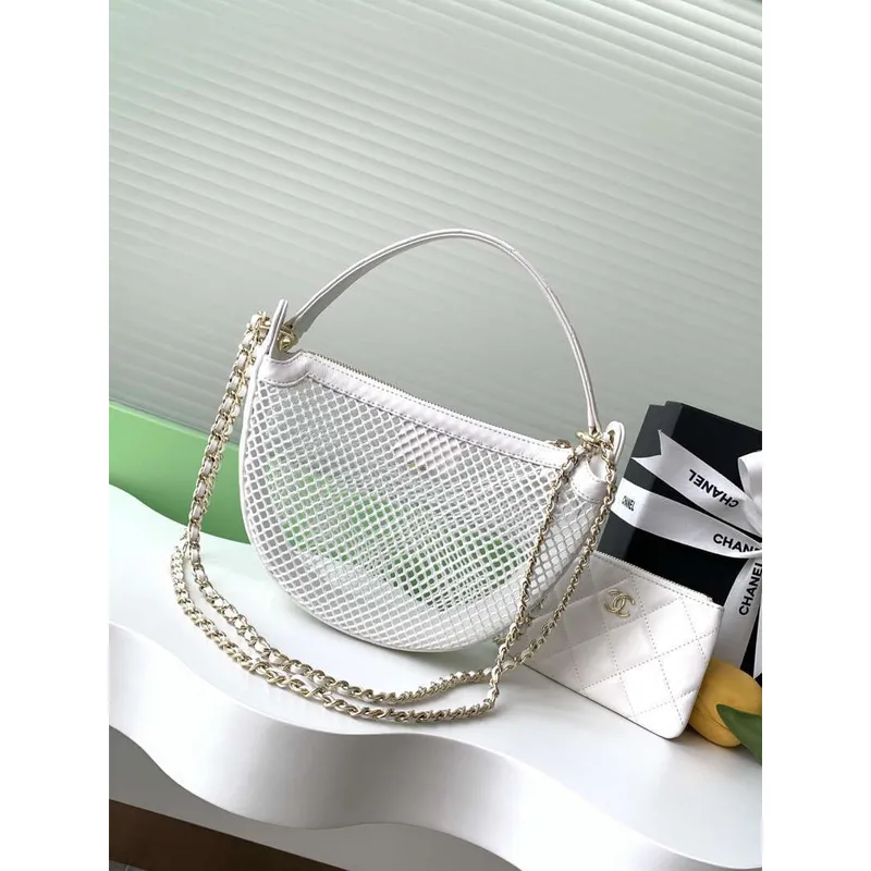 Chanel AP4573 25S Clutch With Chain Mesh Shiny Lambskin & Gold Tone Metal White