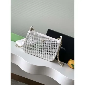 Chanel AP4572 25S Clutch With Chain Mesh Shiny Lambskin & Gold Tone Metal White