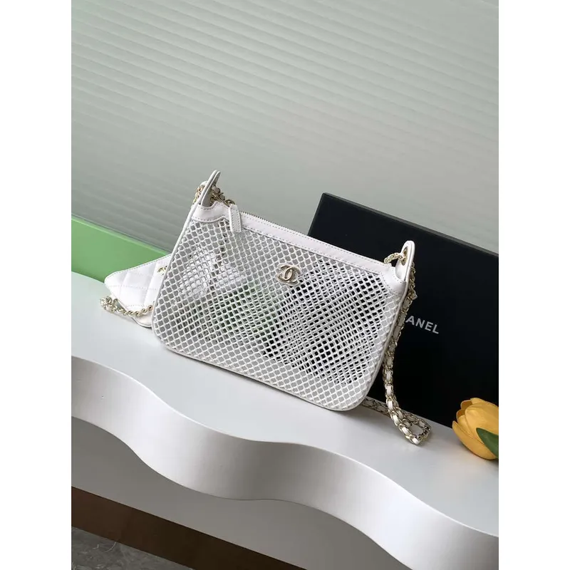 Chanel AP4572 25S Clutch With Chain Mesh Shiny Lambskin & Gold Tone Metal White