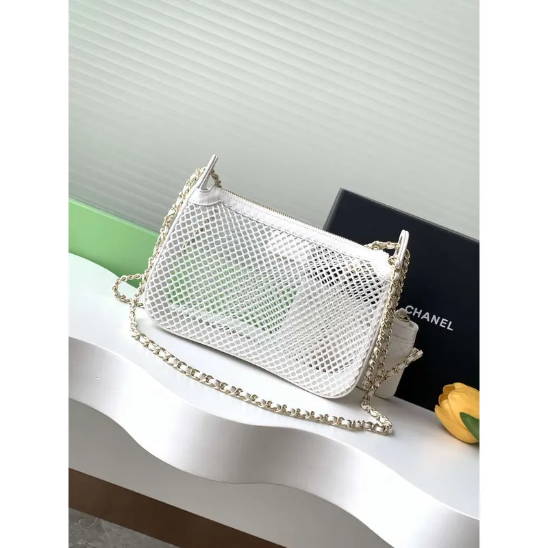 Chanel AP4572 25S Clutch With Chain Mesh Shiny Lambskin & Gold Tone Metal White