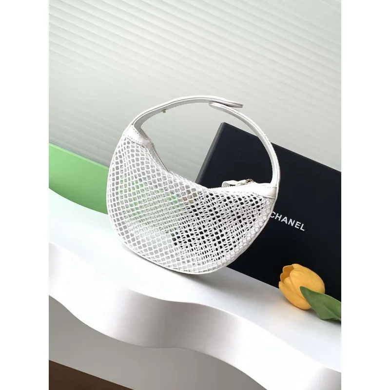 Chanel AP4575 25S Pouch Mesh Shiny Lambskin & Gold Tone Metal White