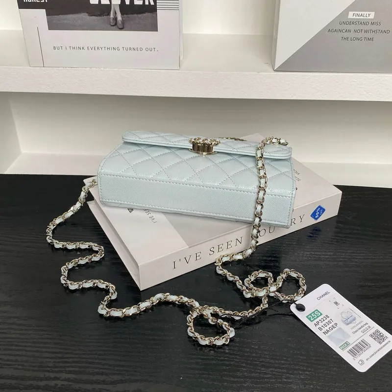 Chanel AP3238 Flap Chain Bag Light Blue Lambskin Gold With Handle Bag