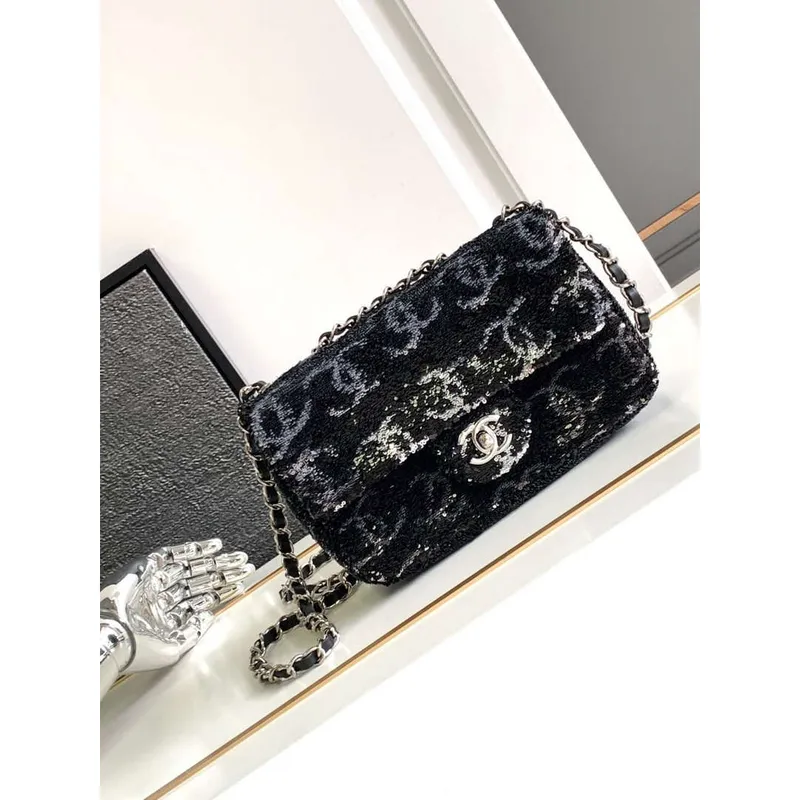 Chanel A09888 25C Evening Black & white sequin mini AS4561  limited edition Lambskin