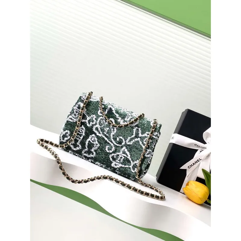 Chanel A09888 25C Evening Green & white sequin mini AS4561  limited edition Lambskin