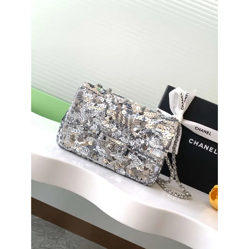 Chanel A09888 25C Evening Silver sequin mini AS4561  limited edition Lambskin