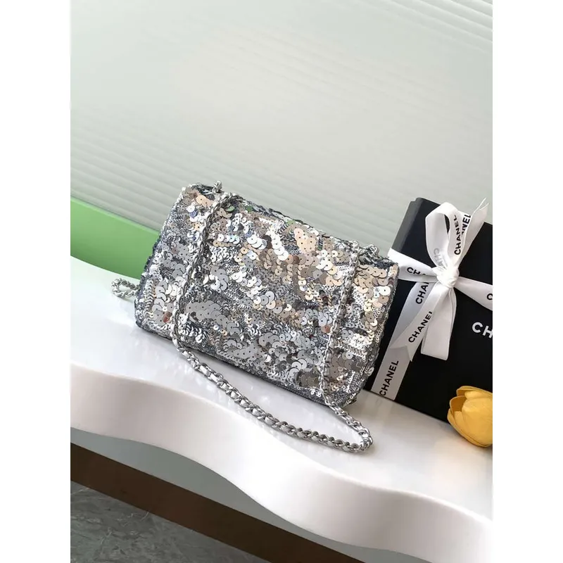 Chanel A09888 25C Evening Silver sequin mini AS4561  limited edition Lambskin