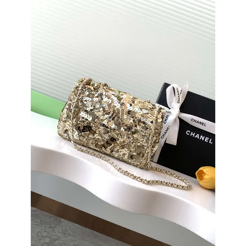 Chanel A09888 25C Evening Gold sequin mini AS4561  limited edition Lambskin