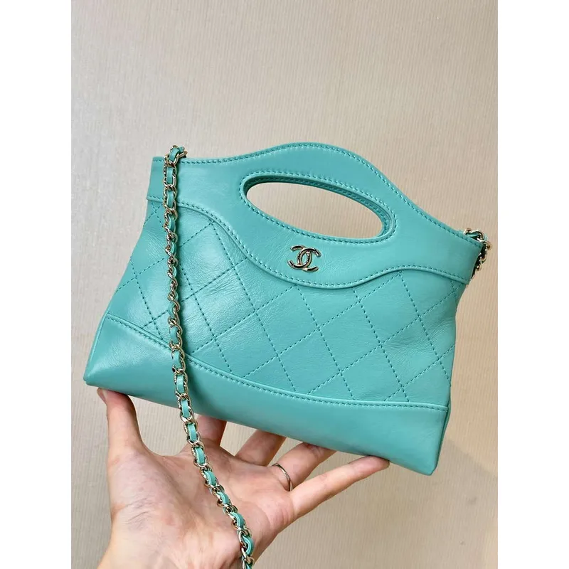 Chanel AP3656 Small Shopping Bag Shiny Lambskin & Gold Tone Metal Lake Blue