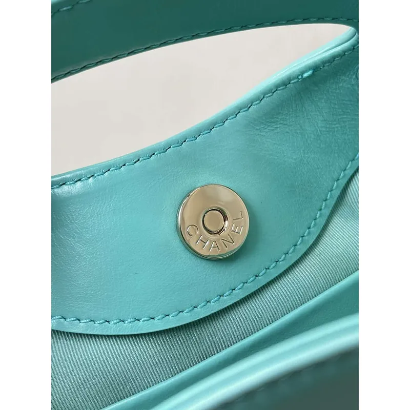 Chanel AP3656 Small Shopping Bag Shiny Lambskin & Gold Tone Metal Lake Blue