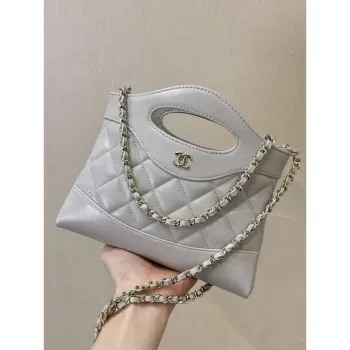 Chanel AP3656 Small Shopping Bag Shiny Lambskin & Gold Tone Metal Gray