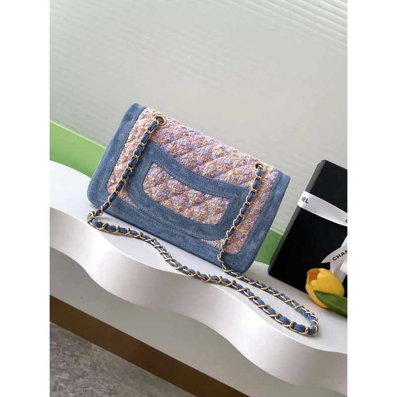 Chanel 25C A01112 Flap Bag Blue and Pink Fabric Printed