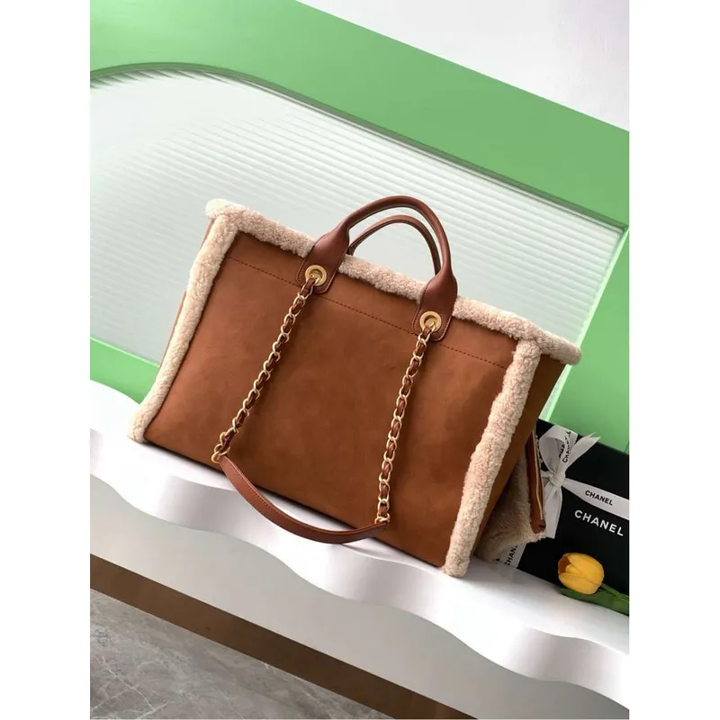 Chanel A66941 Large TOTE Shearling Suede & Gold Tone Metal Brown