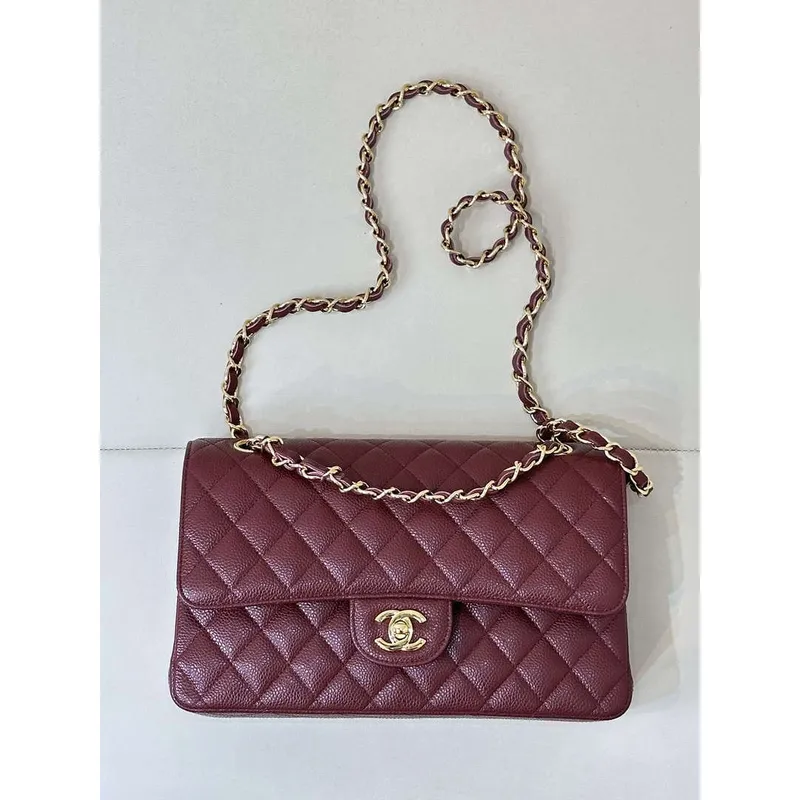 Chanel A01112 Flap Classic 11.12 Handbag Calfskin Sewing Edge Wine Red