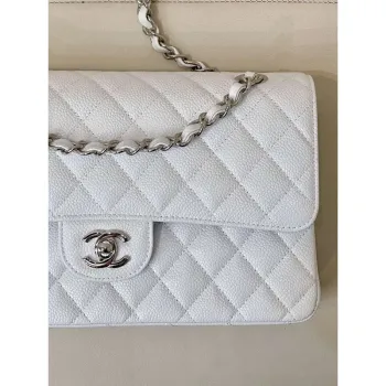 Chanel A01112 Flap Classic 11.12 Handbag Calfskin Silver Tone Metal White