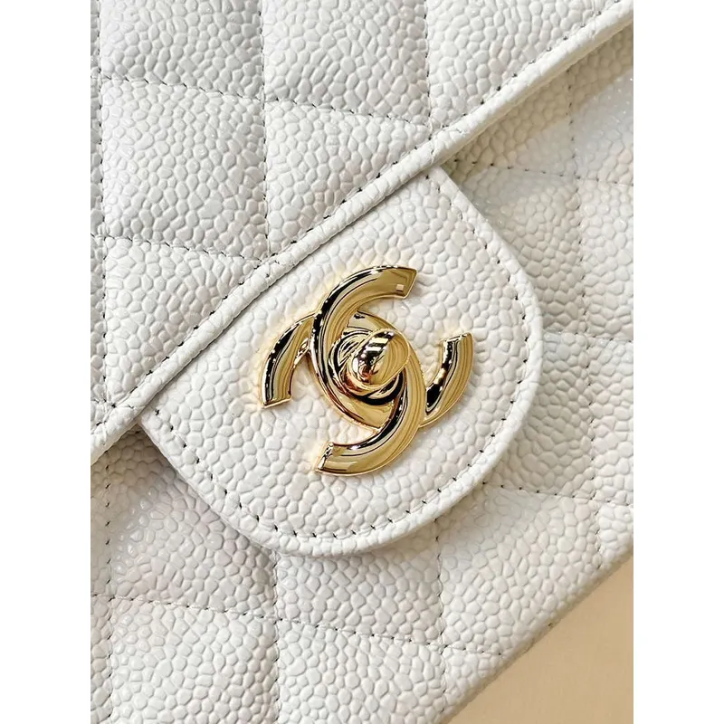 Chanel A01112 Flap Classic 11.12 Handbag Calfskin Gold Tone Metal White