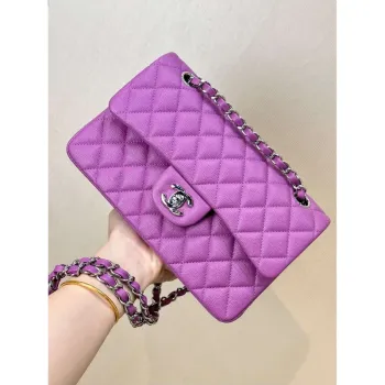 Chanel A01112 Flap Classic 11.12 Handbag Calfskin Silver Tone Metal Purple