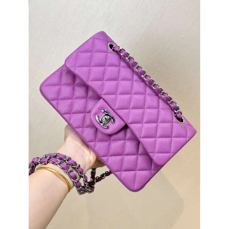Chanel A01112 Flap Classic 11.12 Handbag Calfskin Silver Tone Metal Purple