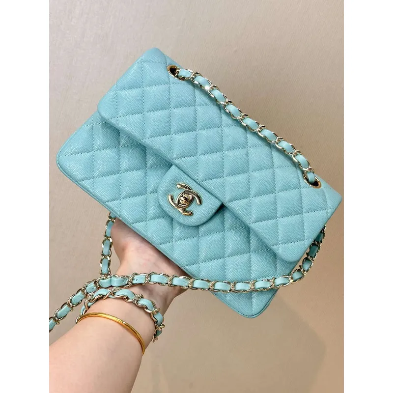 Chanel A01112 Flap Classic 11.12 Handbag Calfskin Gold Sky Blue