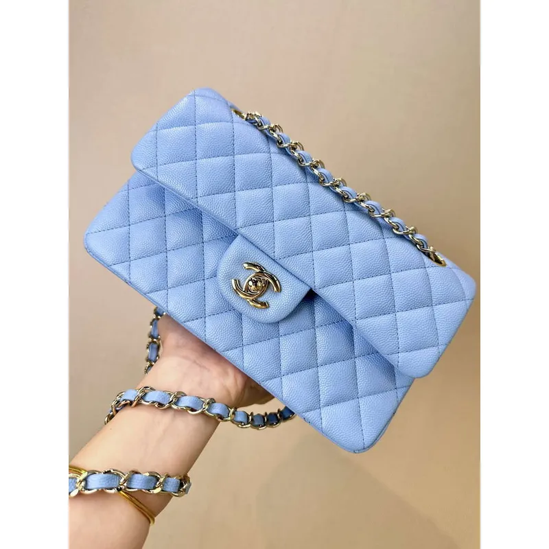 Chanel A01112 Flap Classic 11.12 Handbag Calfskin Gold Light Blue
