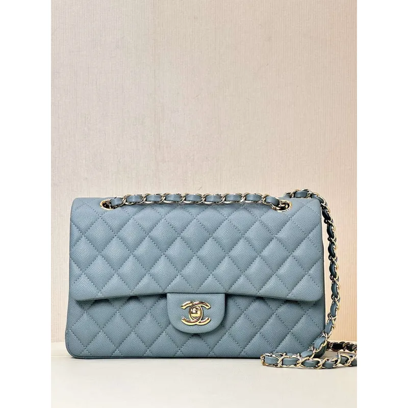 Chanel A01112 Flap Classic 11.12 Handbag Calfskin & Gold Tone Metal Gray Blue
