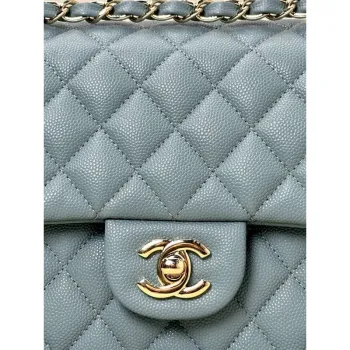 Chanel A01112 Flap Classic 11.12 Handbag Calfskin & Gold Tone Metal Gray Blue