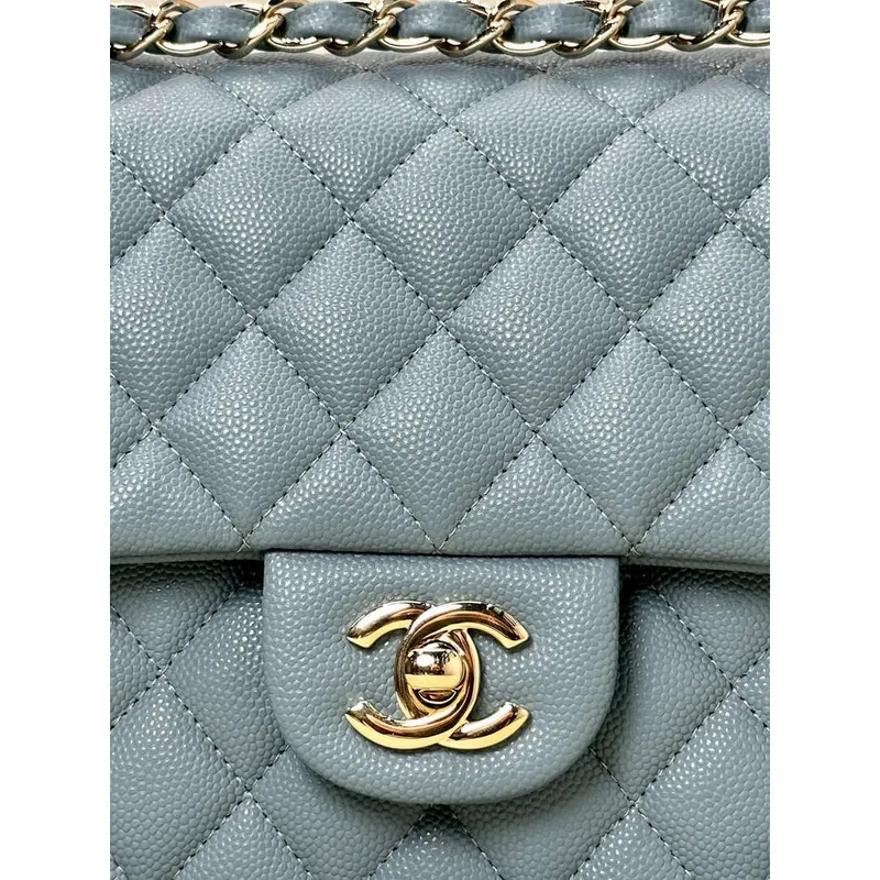 Chanel A01112 Flap Classic 11.12 Handbag Calfskin & Gold Tone Metal Gray Blue