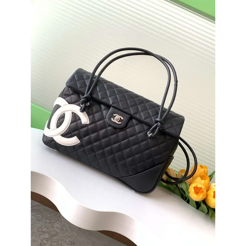 Chanel AS6338 Airport Bag 25P Shopping Bag Black with White CC