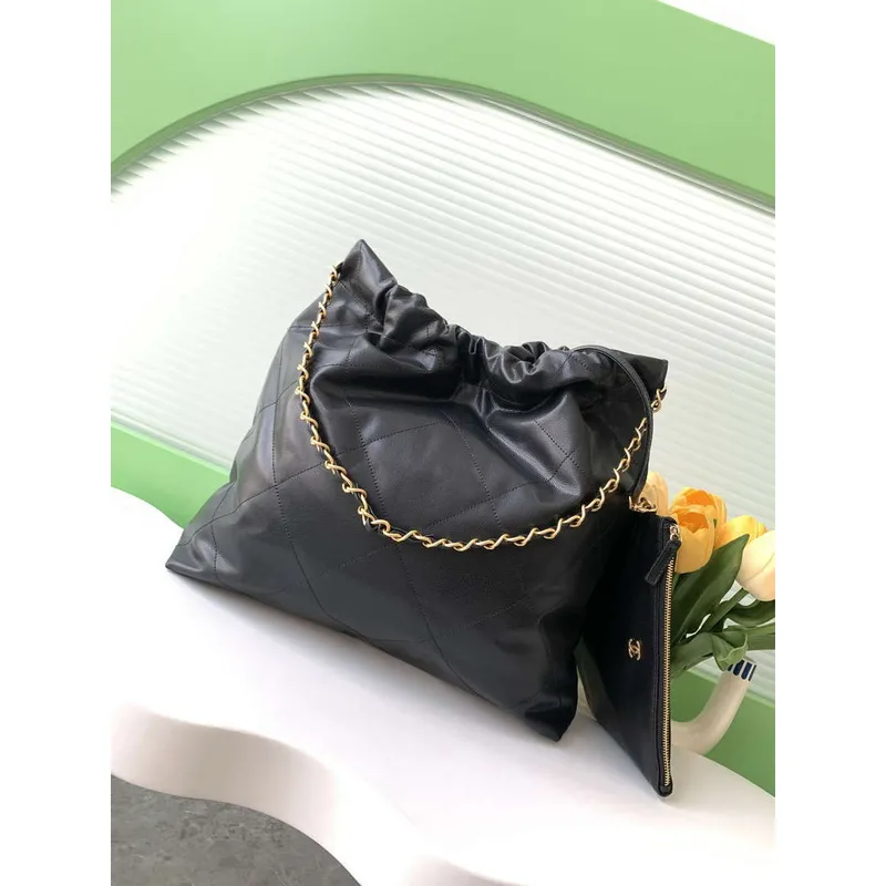 Chanel 22 AS3261 Handbag 24K Shiny Calfskin Black Gold