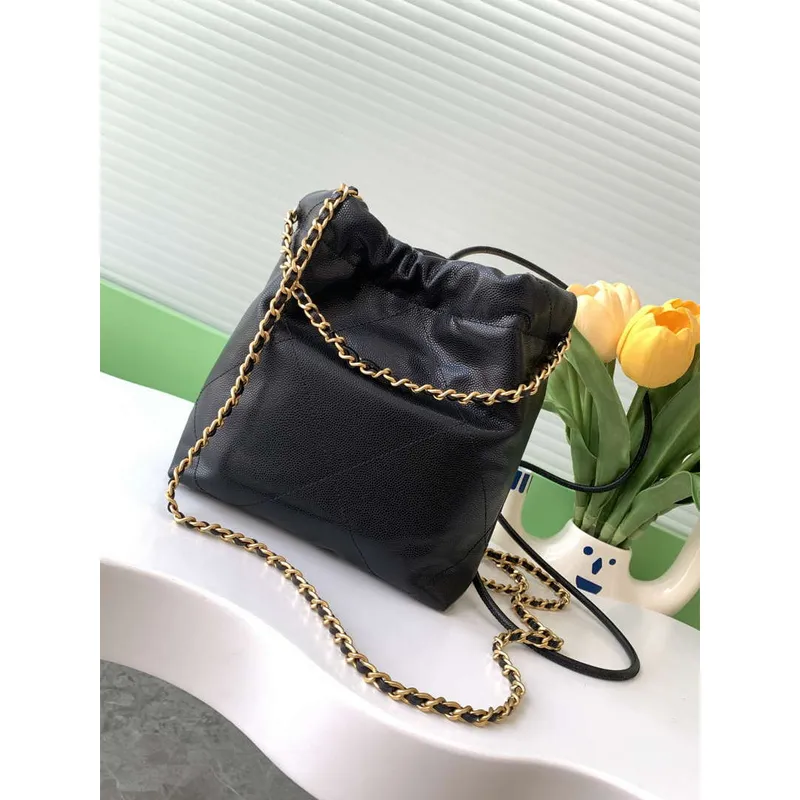 Chanel 22 AS3980 Mini Handbag 25C Shiny Calfskin & Gold  Tone Metal Black