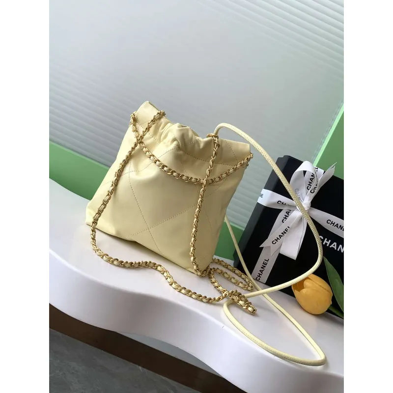 Chanel 22 AS3980 Mini Handbag 25C Shiny Calfskin & Gold  Tone Metal Light Yellow