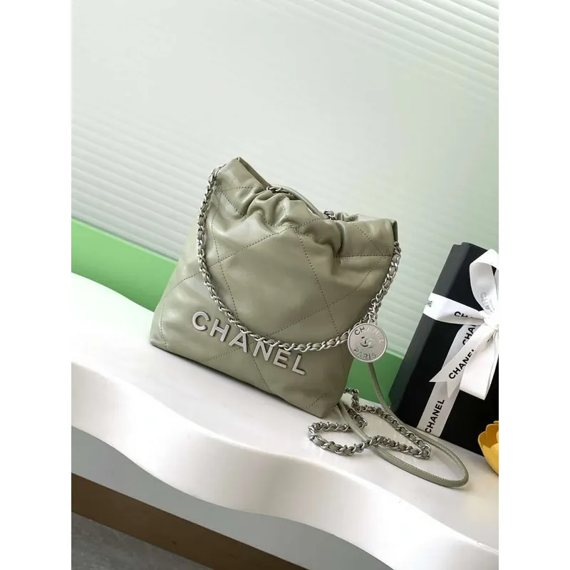 Chanel 22 AS3980 Mini Handbag 25C Shiny Calfskin & Silver Tone Metal Light Green