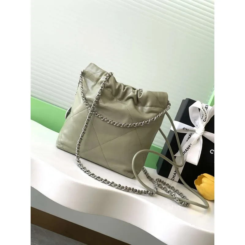 Chanel 22 AS3980 Mini Handbag 25C Shiny Calfskin & Silver Tone Metal Light Green