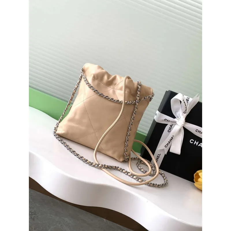 Chanel 22 AS3980 Mini Handbag 25C Shiny Calfskin & Silver Tone Metal Apricot