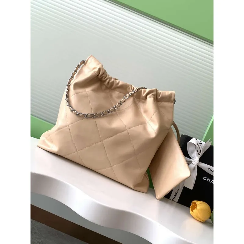 Chanel 22 AS3261 Handbag 24K Shiny Calfskin Apricot Silver