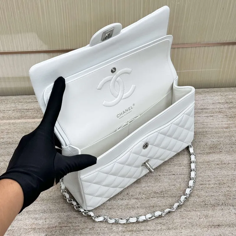 Chanel A01112 Flap Classic 11.12 Handbag Haas Lambskin & Gold Tone Metal White