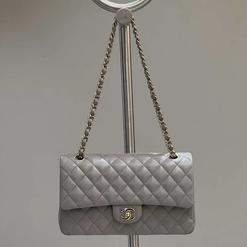 Chanel A01112 Flap Classic 11.12 Handbag Haas Lambskin & Gold Tone Metal Light Gray