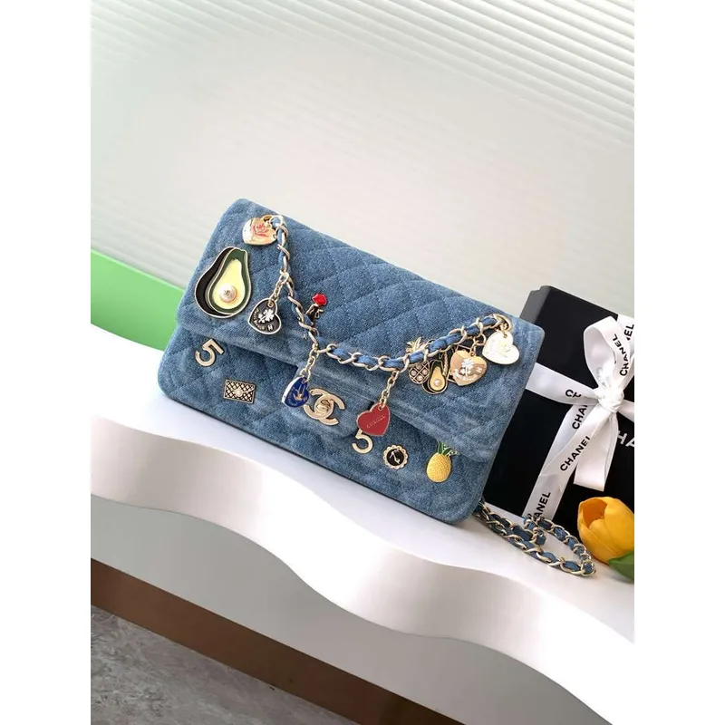 Chanel A01112 Flap Classic 11.12 Handbag Vintage denim jeans & Gold Tone