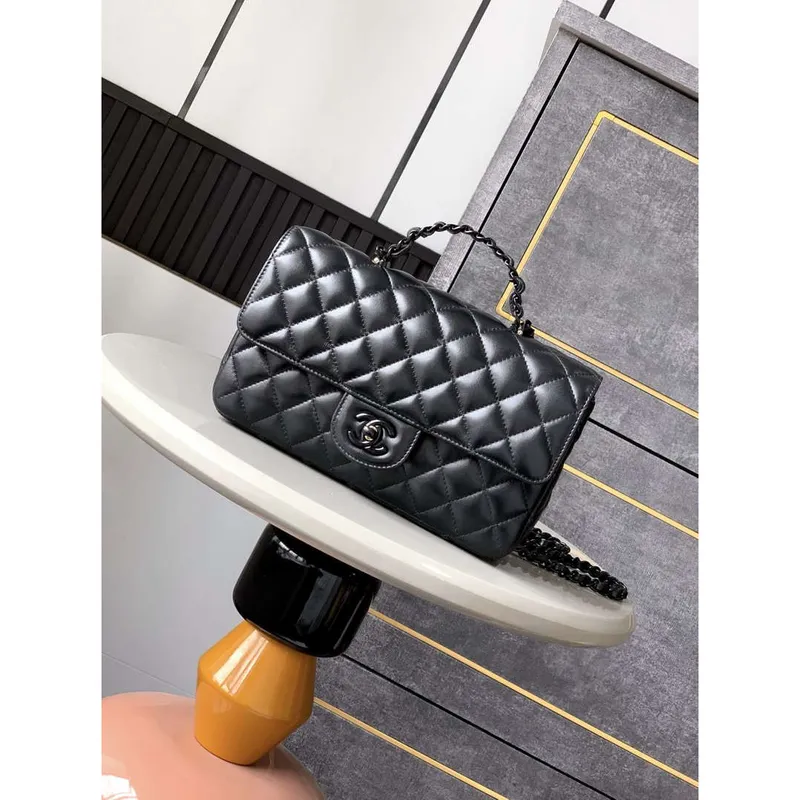 Chanel AS5244 Flap Bag with Top Handle Lambskin & Lacquered Metal Black