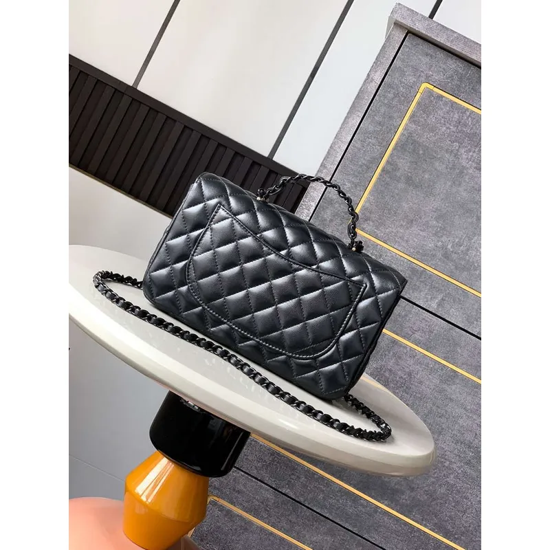 Chanel AS5244 Flap Bag with Top Handle Lambskin & Lacquered Metal Black