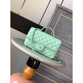 Chanel AS5244 Flap Bag with Top Handle Lambskin & Lacquered Metal Light Green
