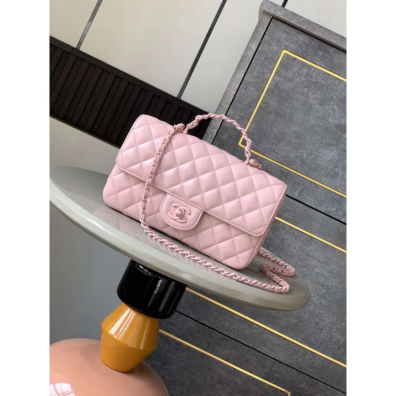 Chanel AS5244 Flap Bag with Top Handle Lambskin & Lacquered Metal Light Pink