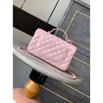 Chanel AS5244 Flap Bag with Top Handle Lambskin & Lacquered Metal Light Pink