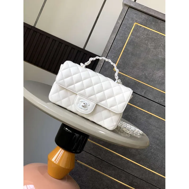 Chanel AS5243 Mini Flap Bag with Top Handle Lambskin & Lacquered Metal White