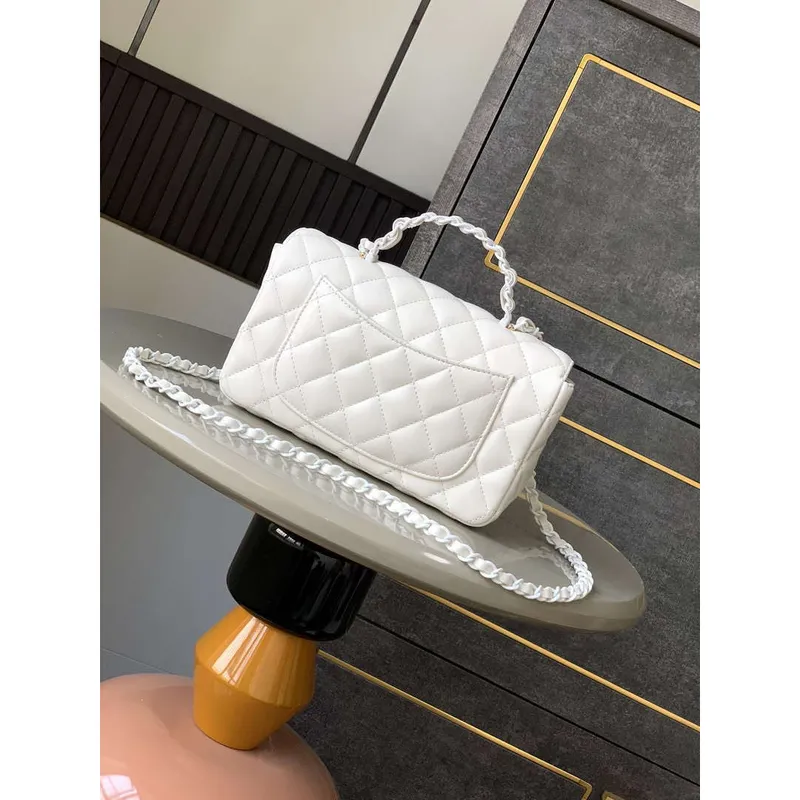 Chanel AS5243 Mini Flap Bag with Top Handle Lambskin & Lacquered Metal White