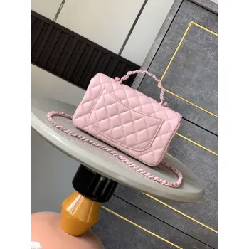 Chanel AS5243 Mini Flap Bag with Top Handle Lambskin & Lacquered Metal Pink