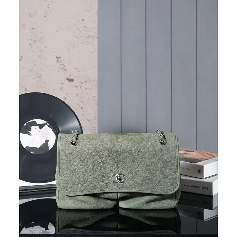 Chanel A90090 Flap Bag Vintage Green Suede Silver