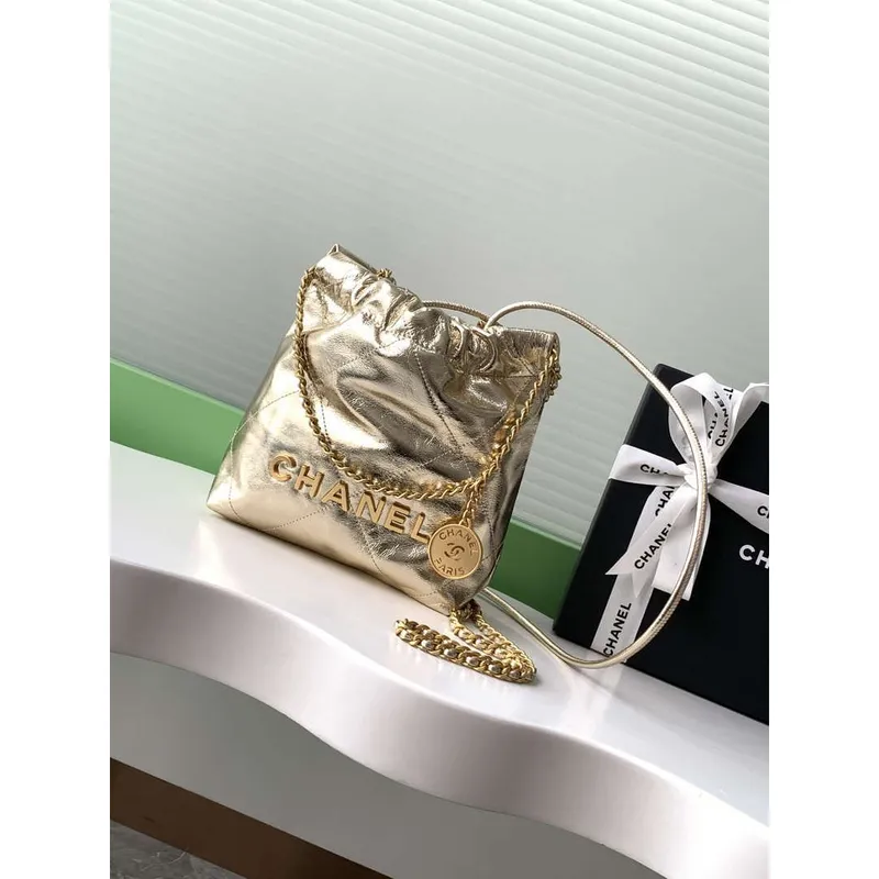 Chanel 22 AS3980 Mini Handbag Shiny Calfskin & Gold Tone Metal Gold