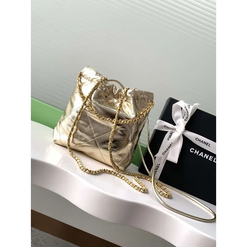 Chanel 22 AS3980 Mini Handbag Shiny Calfskin & Gold Tone Metal Gold