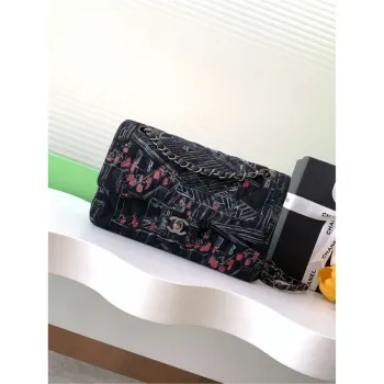 Chanel 25C A01112 Flap Bag Black Fabric Printed